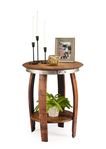 rustic wine barrel side table made from reclaimed oak wine barrels