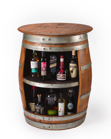 Handmade from authentic recycled oak wine barrel

Approx. size: 37” H x 27” W (top diameter)

Weight: about 120 lbs – sturdy and durable

Built-in shelf for storage or display

Rustic finish with original steel hoops

Perfect for home bar, wine cellar, or living room décor

Eco-friendly, one-of-a-kind artisan furniture