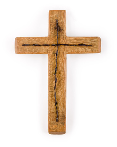 Cross, with decoration, by creatively combining particular symbols and images with wine barrel staves, each cross is a distinctive statement of faith.