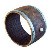 Rustic center wine barrel planter 26x17 inches with stain and black screws – recycled oak garden pot.