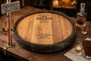 Handcrafted whiskey barrel Lazy Susan made from authentic reclaimed oak barrel head