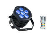 Photometrics

Light Source: 6x 6-in-1 RGBWAU 12 W LEDs
Beam Angle: 40°
Output: 3820 lux on @ 1 m RGBWAU Full on
PWM: 20,000 Hz
LED Lifespan: 50,000 hours
Effects:

Dimming: 0~100%
Strobe: 0~20 Hz
Power

Input Voltage: 100~240V AC, 50/60 Hz, 72 W
Connection: Seetronic® Outdoor True1 in
IMPORTANT: Only use an Outdoor DMX cable in the device's DMX out port. Use of other cables will cause the cable to become stuck in the port, requiring the unit to be repaired.

Control

Operation Modes: DMX, Wireless DMX, manual, auto, sound active, master/slave, IR Remote
Control Protocol: DMX512, Wireless DMX, IR
Interface: 3-pin DMX in/out
DMX Channels: 6 / 10
Display: 4-button OLED control panel
Battery

Single Colour (hr): up to 20
Full Colour (hr): up to 4