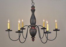 Stockbridge chandelier finished in Black over Mustard with Red Trim