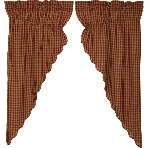 Burgundy Check Scalloped Prairie Curtain Set