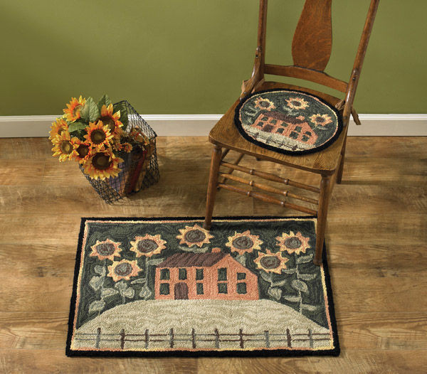 House and Sunflowers Hand-Hooked Rug