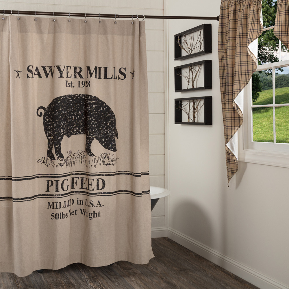 SAWYER MILL PIG Shower Curtain Farmhouse PIG FEED VHC Primitive Country Rustic 