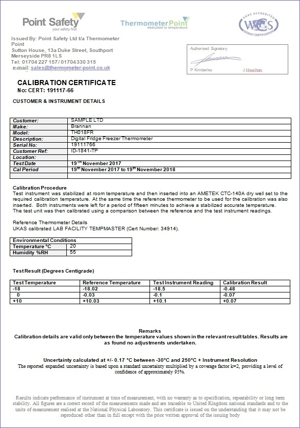 CERT1 Traceable Calibration Certificate (0° + 70° + 100°C