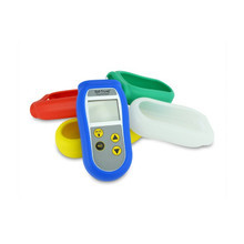Blue silicone protective cover fitted on a Therma Waterproof thermometer with colour variation