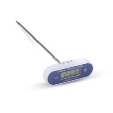 ETI T‑Shaped waterproof pocket thermometer held by hand, showing probe and LCD