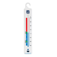 Vertical spirit-filled fridge freezer thermometer with colour-coded zones.
