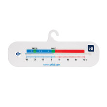 Horizontal spirit-filled fridge freezer thermometer with colour-coded zones.
