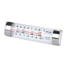 Clear spirit-filled fridge freezer thermometer with colour-coded zones.