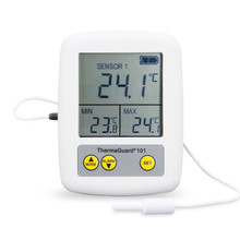 ThermaGuard digital thermometer showing dual sensors and alarm reading