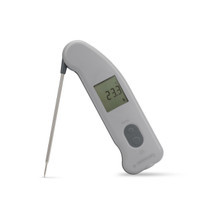 Thermapen IR Blue thermometer with fold-out thermocouple probe and visible LCD
