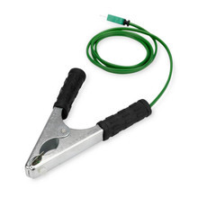 ETI Pipe Clamp Temperature Probe (Type K) clamped onto a pipe with green lead