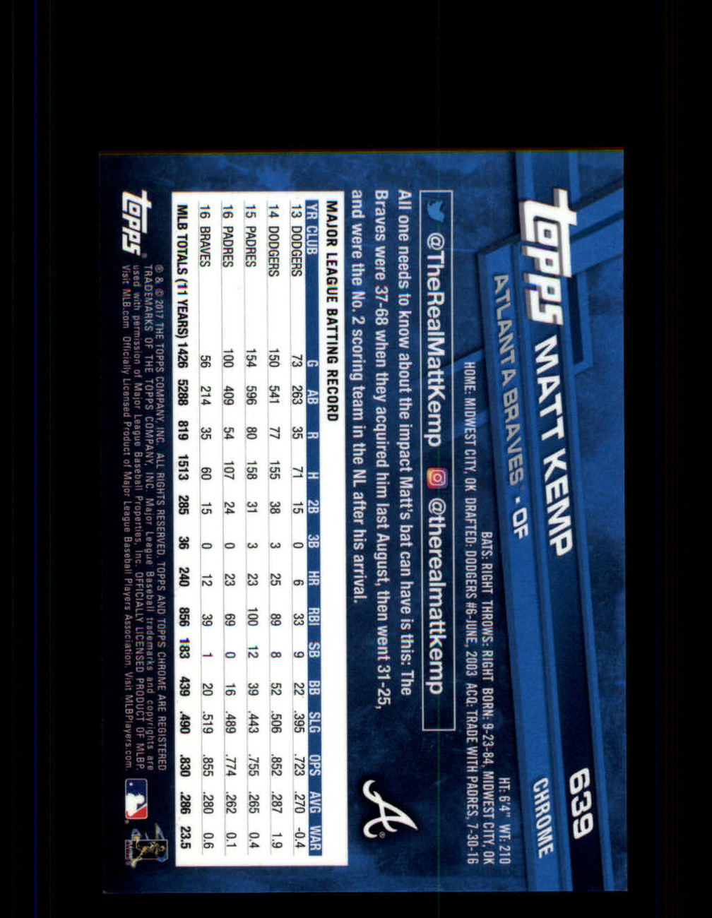 2017 Nick Markakis Atlanta Braves Topps Baseball Card # 531