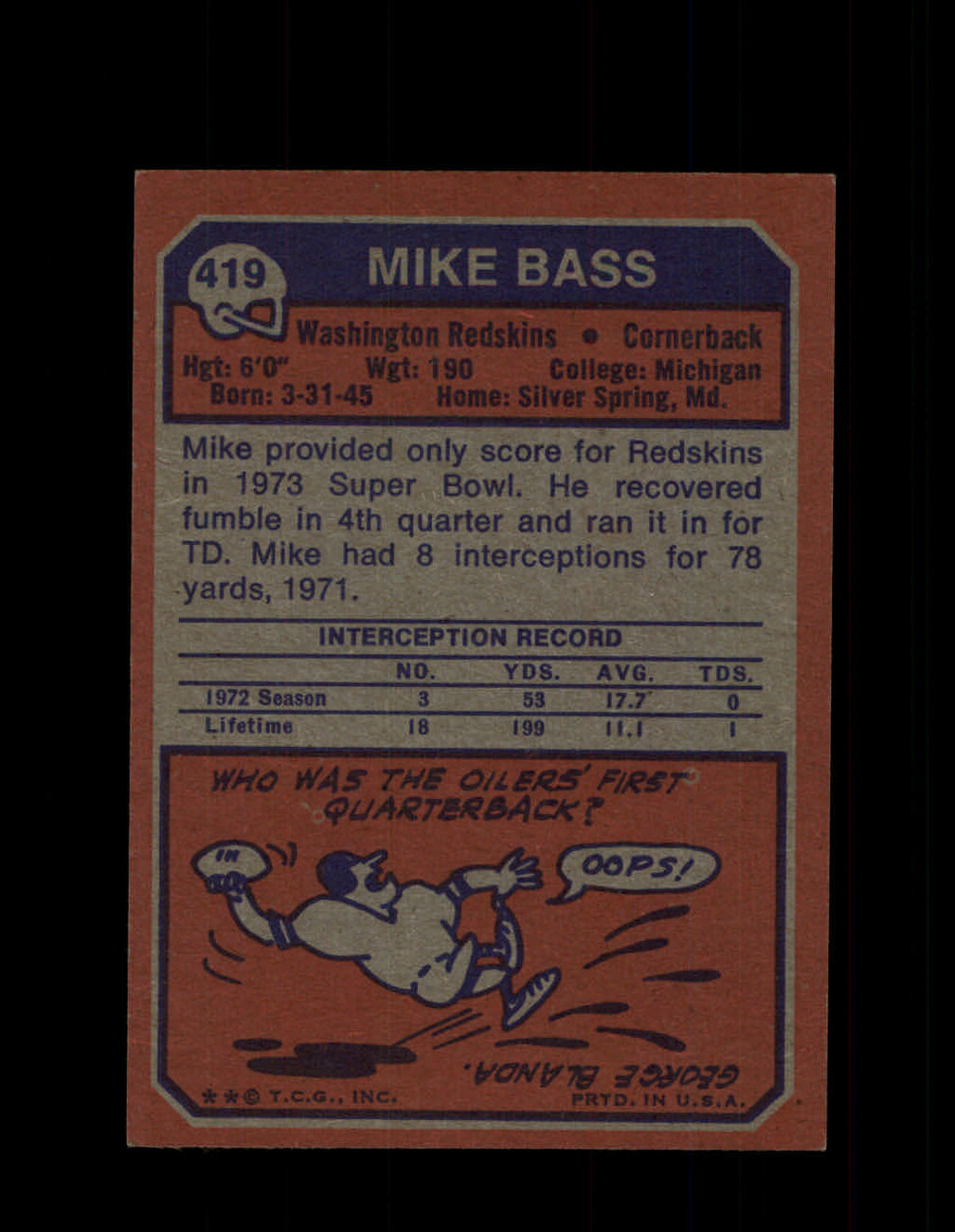 1973 MIKE BASS TOPPS #419 REDSKINS *9006 - OPC Baseball.com