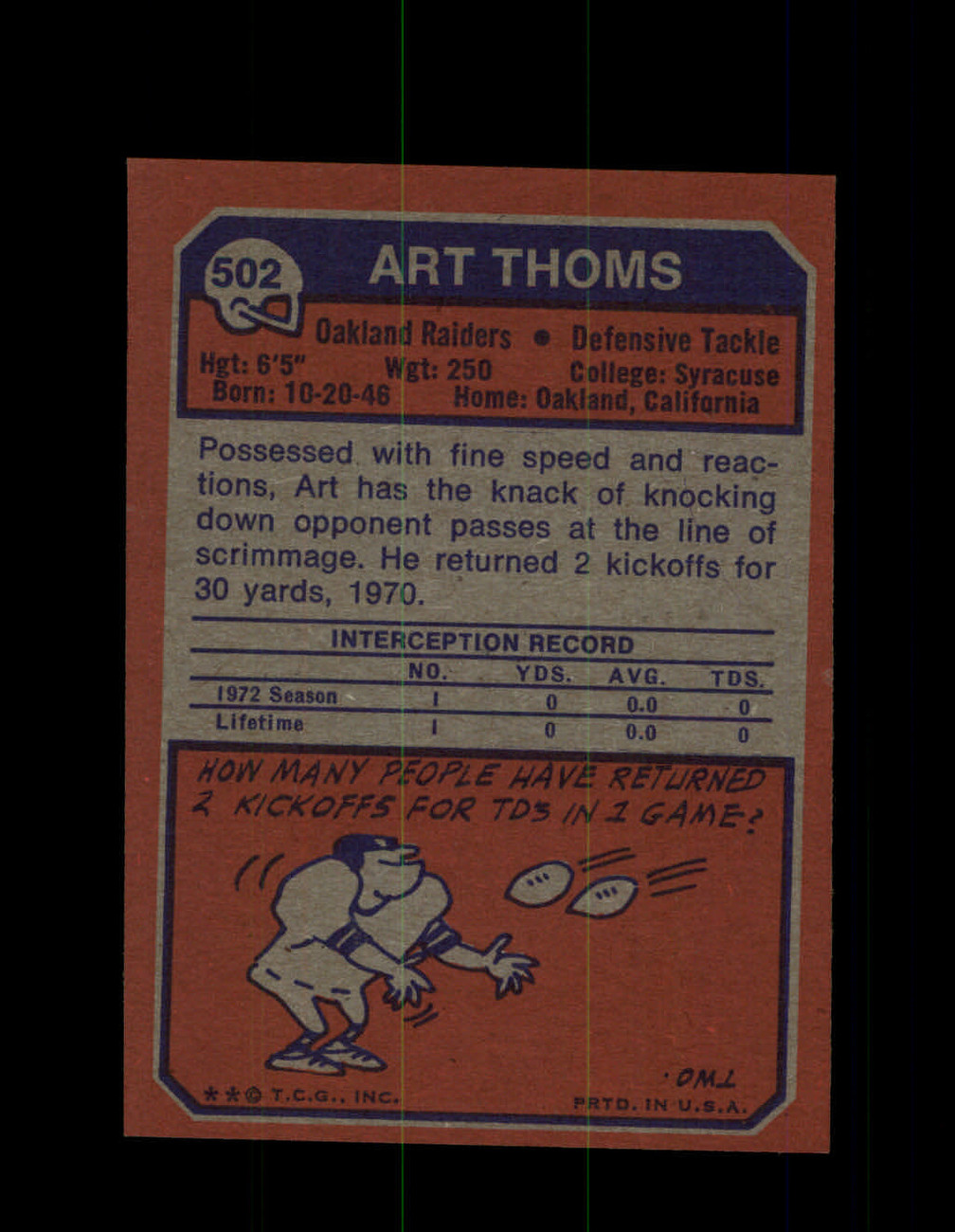 1973 ART THOMS TOPPS #502 RAIDERS *9056