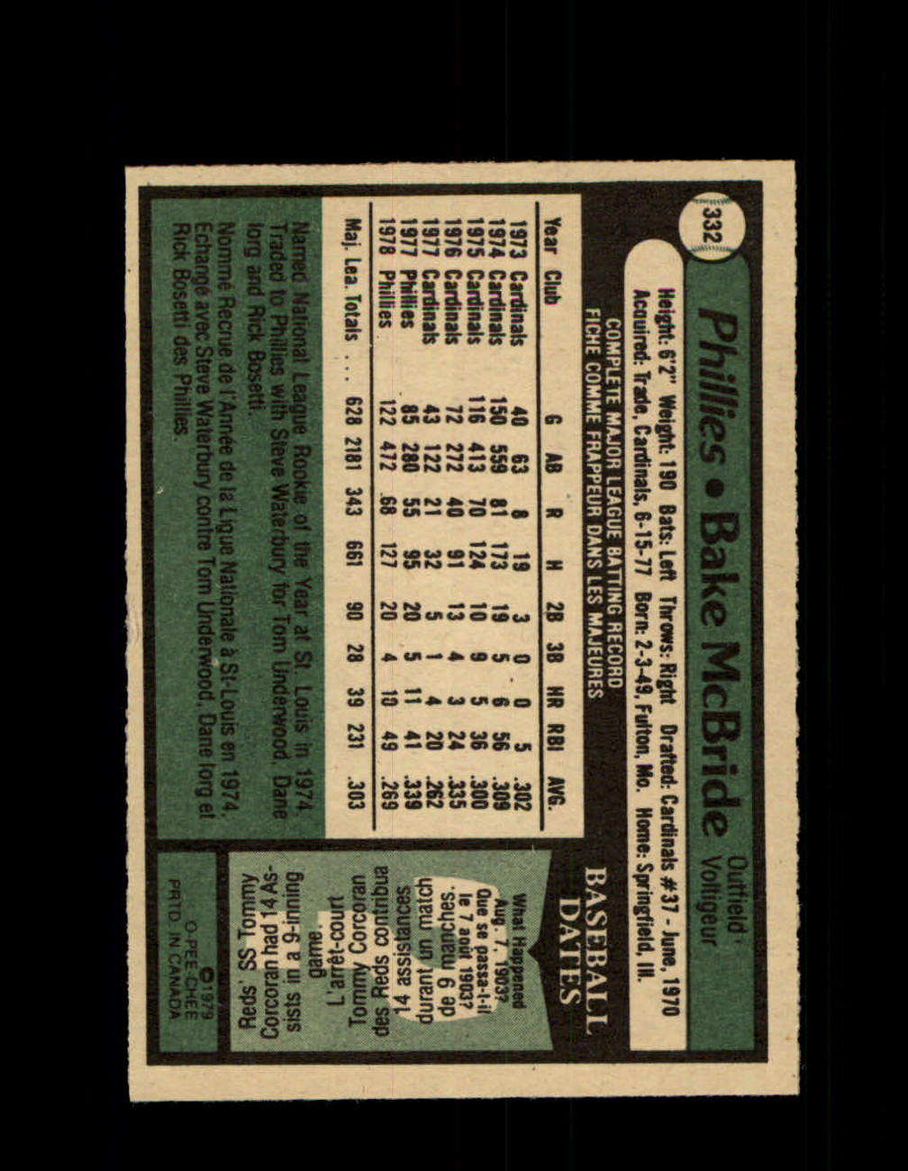 1979 BAKE MCBRIDE OPC #332 O-PEE-CHEE PHILLIES *9594 - OPC Baseball.com