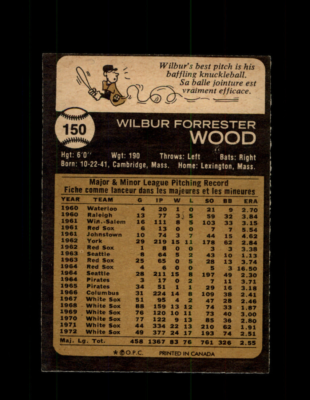 1970 WILBUR WOOD OPC #342 O-PEE-CHEE WHITE SOX *R5818 - OPC