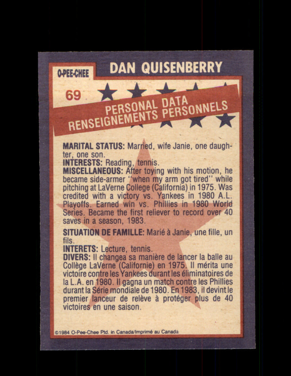 1984 DAN QUISENBERRY OPC #69 O-PEE-CHEE ROYALS *G2242 - OPC Baseball.com