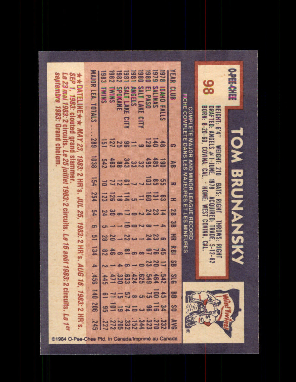 1985 TOM BRUNANSKY OPC #122 O-PEE-CHEE TWINS *R1562 - OPC Baseball.com