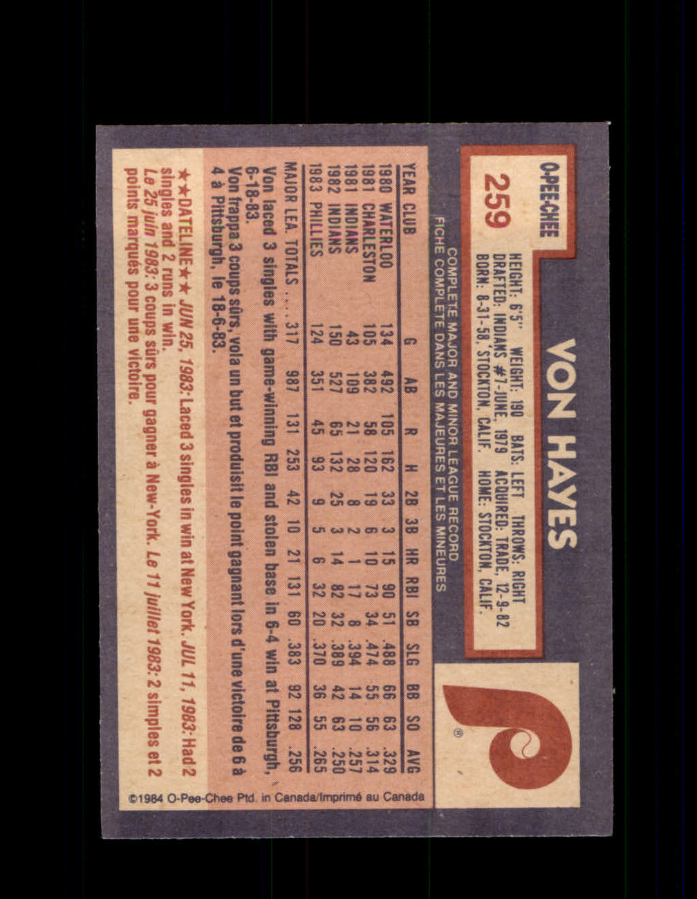 1984 VON HAYES OPC #259 O-PEE- CHEE PHILLIES *G2488 - OPC Baseball.com