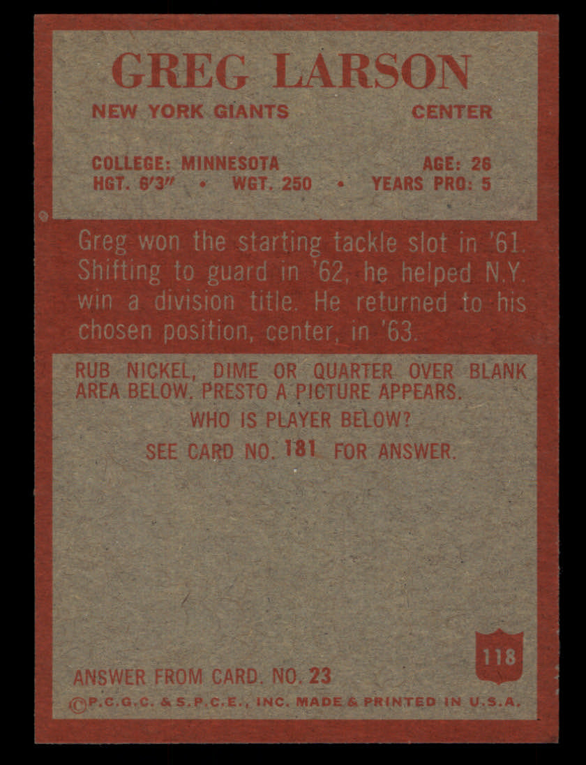 1965 GREG LARSON PHILADELPHIA #118 NEW YORK GIANTS NM #3788 - OPC  Baseball.com