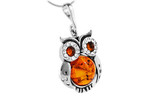 Charming owl with Baltic Amber gems and Cubic Zirconias set in Sterling Silver