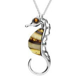 Seahorse amber pendant sterling silver
