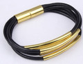 Black Leather Magnetic Bracelet with Gold Accents