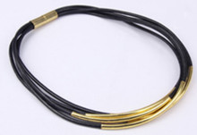 Black Leather Magnetic Necklace with Gold Accents
