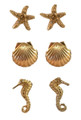 Set of Three Goldtone Stud Sea Life Earrings - Starfish, Seahorse and Scallop Shell