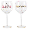 Set of Two Red and Gold Metallic Wine Glasses "Celebrate" and "Cheers"