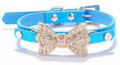 Blue Metallic Dog Pet Collar with Bejeweled Crystal Bow