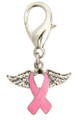 Pink Ribbon w Angel Wings Charm for Zipper Pull, Purse Charm, Dog Collar