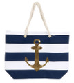 Blue and White Stripe Canvas Tote Bag with Gold Anchor and Rope Handles
