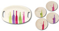 Serving Platter & 4 Coordinating Snack Plates w Colorful Wine Bottles Merlot, Chardonnay, etc.