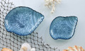 Set of 2 Blue Pearlized Metallic Glass Shell Tidbit Snack Plates
