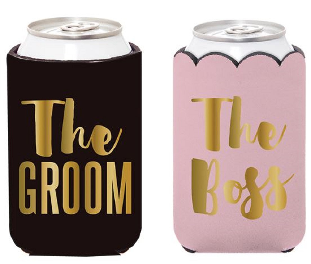 Set of 2 Insulated Can Koozie Cover for Weddings- The Boss & The Groom