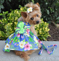 Blue Lagoon Hawaiian Hibiscus Dog Harness Dress with Matching Leash by Doggie Design - Sizes XS - S