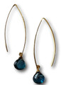 London Blue Topaz Long Hand Forged Gold Earwire Teardrop Dangle Earrings by Judy Brandon