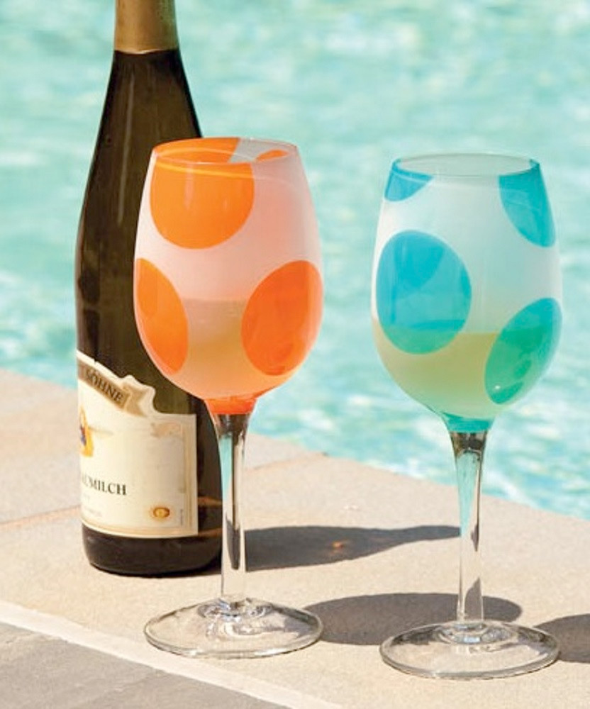 Set of 2 Assorted Frosted Wine Glasses with Aqua and Orange Polka Dots