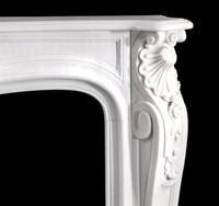 Acanthus leafs, shells and gentle curves mark this marble mantel in Italian Bianco