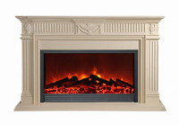 An alternate view of the 88" Birmingham marble mantel and 58" electric fireplace combination package. Also available in a slightly smaller size.  Shown in Royal Botticino (ivory and light beige)