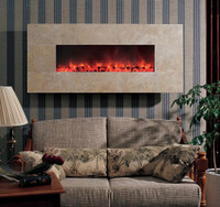 Our Honey Travertine Fireplace Facing compliments this Electric Fireplace with rich earth tones.