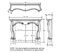 Specifications for the Lorraine stone mantel. Note the legs are not symmetrical, which lends handcrafted character to this mantel