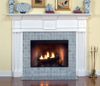 Grecian Dentil and Starburst Appliques are standard on this Colonial Style Fireplace Mantel