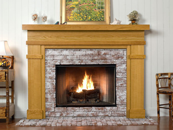 The Bridgewater custom fireplace mantel shown with brick facing.
