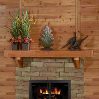 Western Red Cedar Mantel Shelf with corbel brackets, in rough sawn finish.  Smooth finish available, as well. No sealer or finish coat is applied or needed